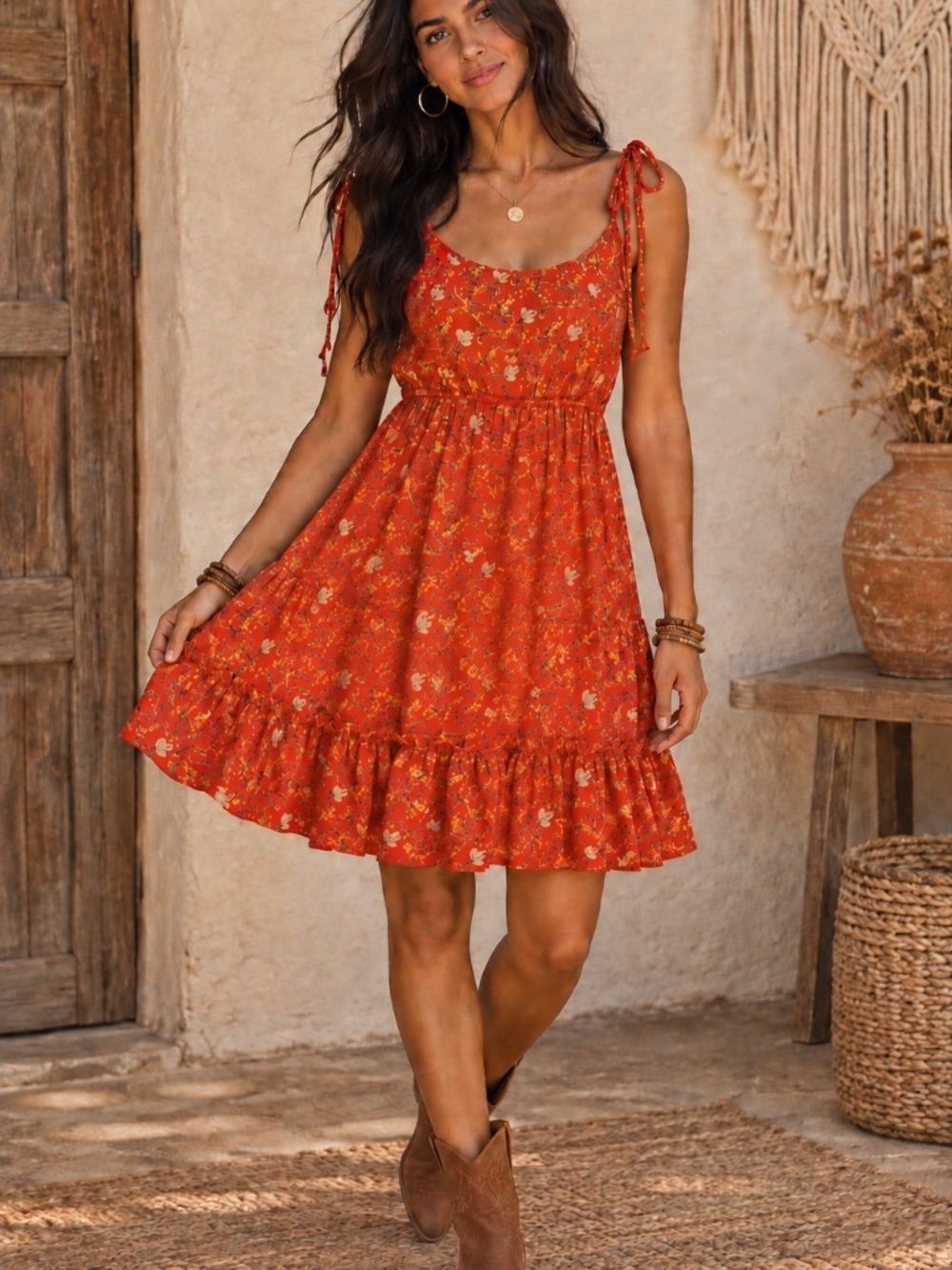 Boho Floral Tie Strap Tiered Mini Sundress Orange Size M JEUVRE